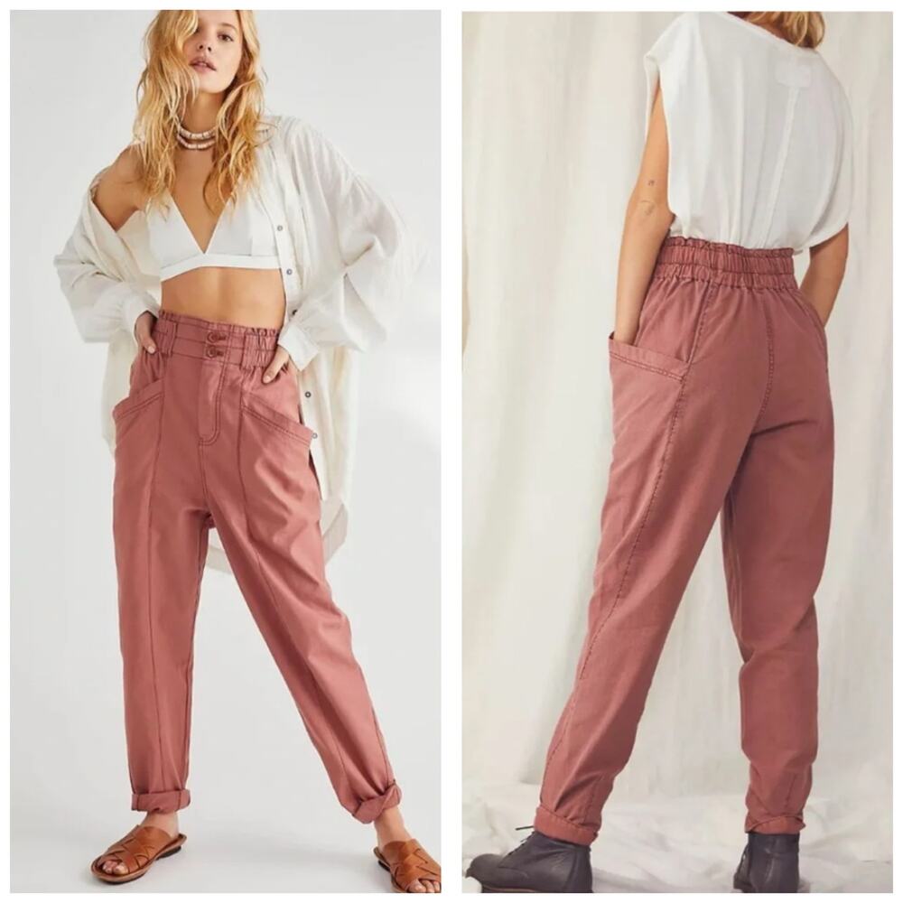 Free People Ready To Run Cinch High Waist Berry Cargo Pants Size XS Mauve Boho
